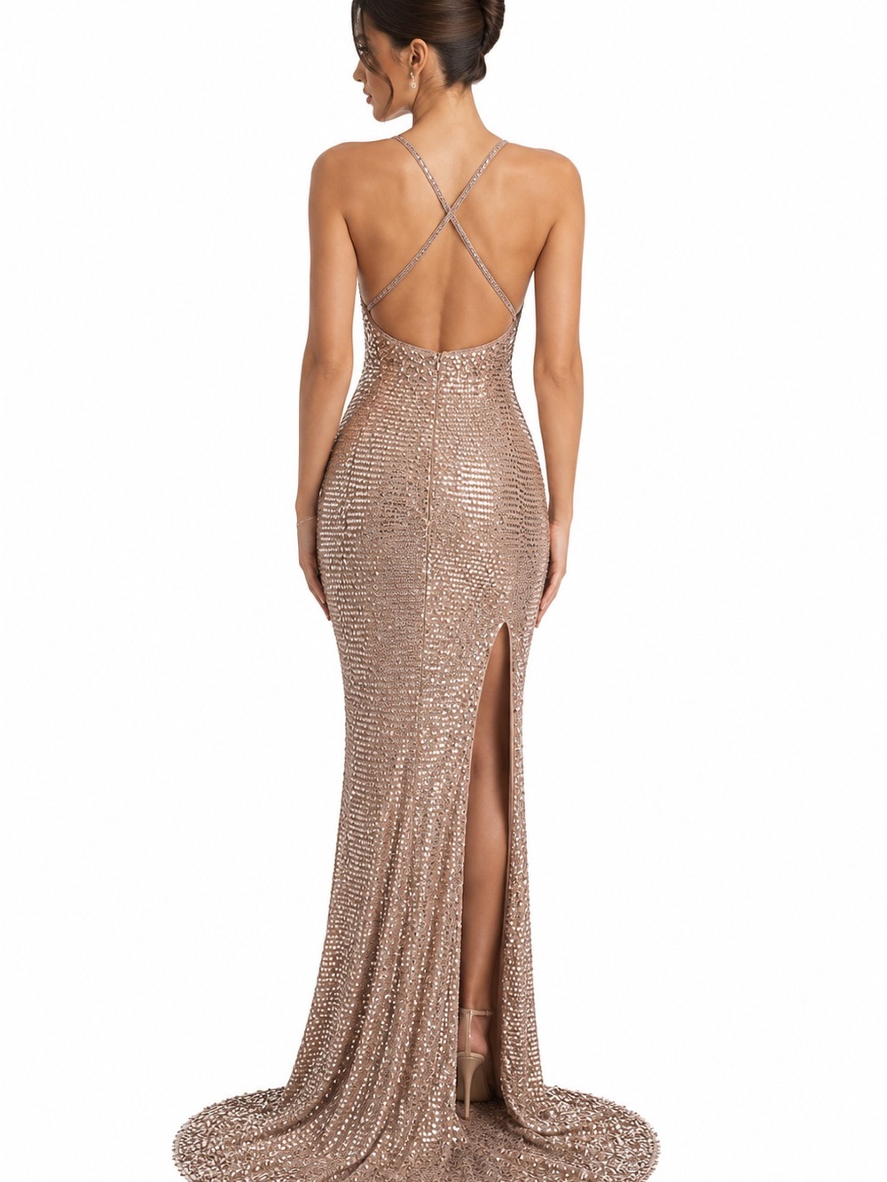 Retrofete Sequined Rose Gold crochet Gown with Open Back